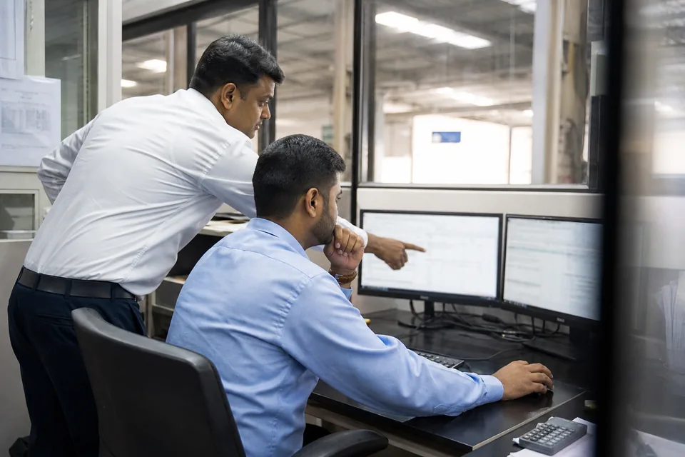 A finance manager and a colleague reviewing ERP ledger screens on two monitors