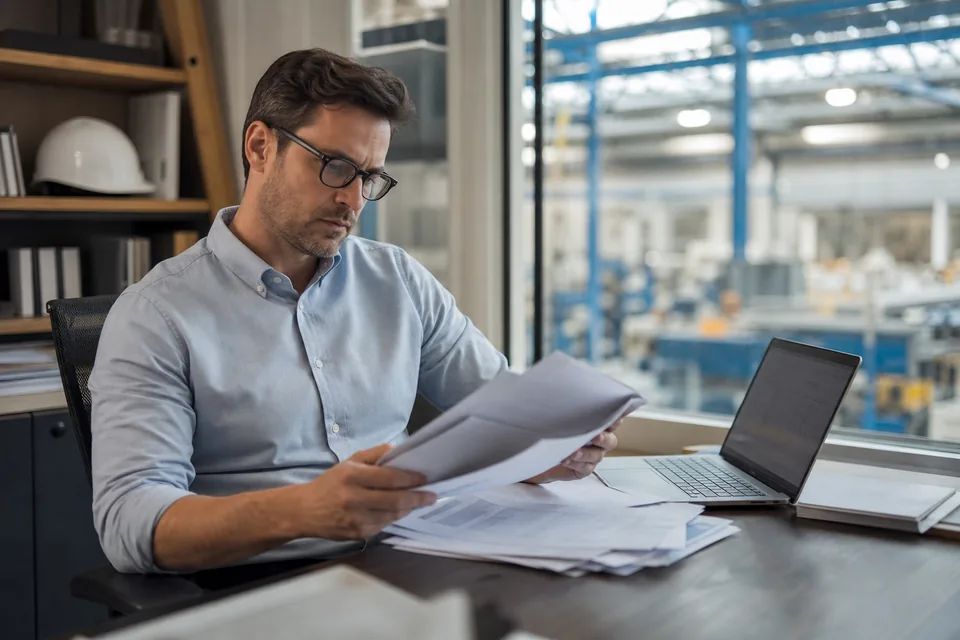 A finance manager in a manufacturing plant office reviewing customer invoices with the production floor behind the window