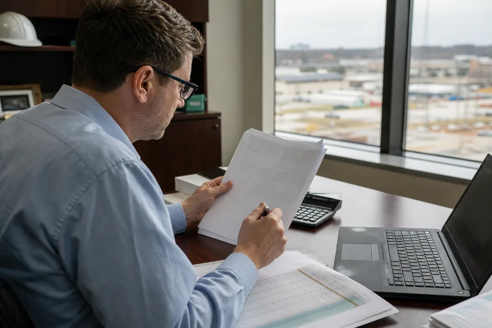 A treasury and AR lead reviewing an enterprise software quote with a calculator and an SAP printout