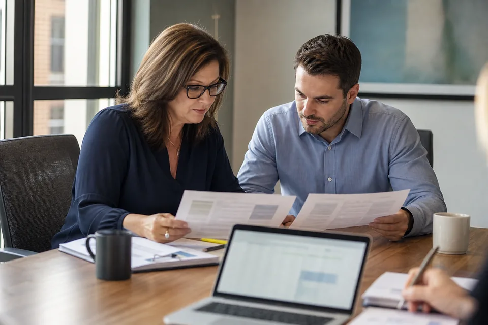 A controller and an AR manager comparing two printed software proposals at a conference table
