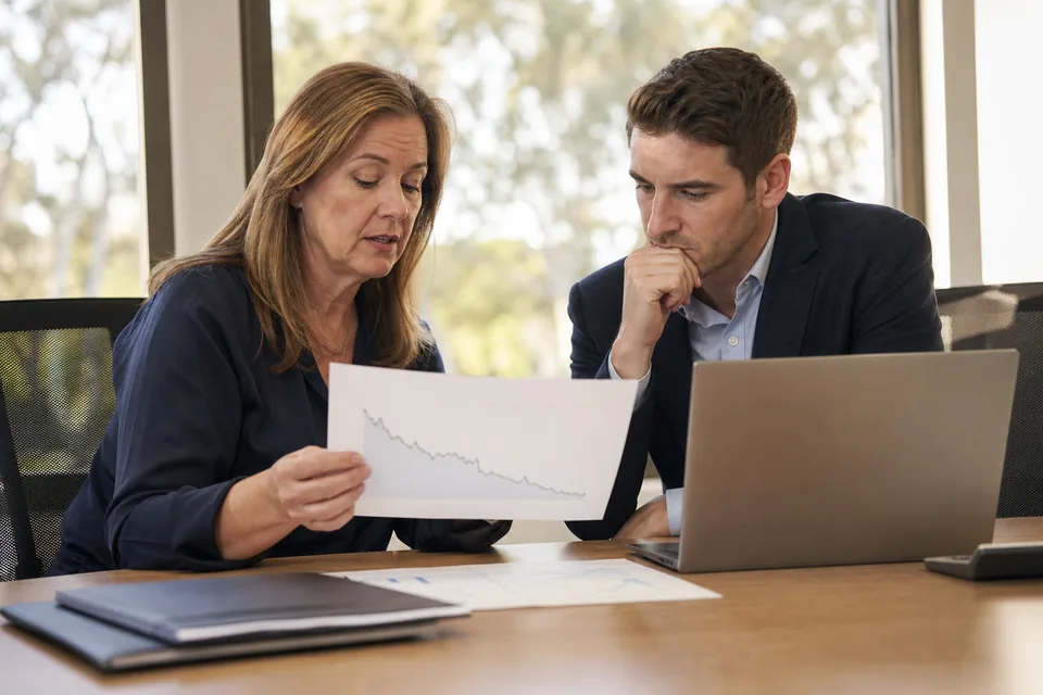 A finance director reviewing a days sales outstanding trend chart with her controller in a conference room