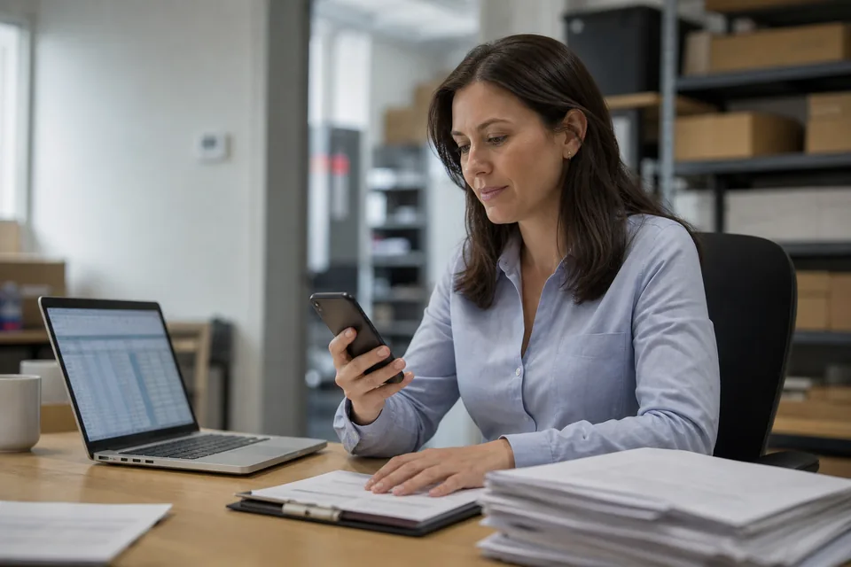 An accounts receivable specialist checking a customer text message reply on a phone next to an open aging report