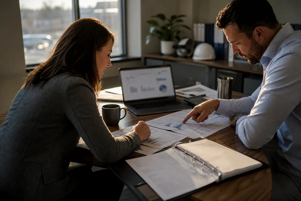 A shared-services credit manager and a controller comparing order-to-cash vendor shortlists at a conference table