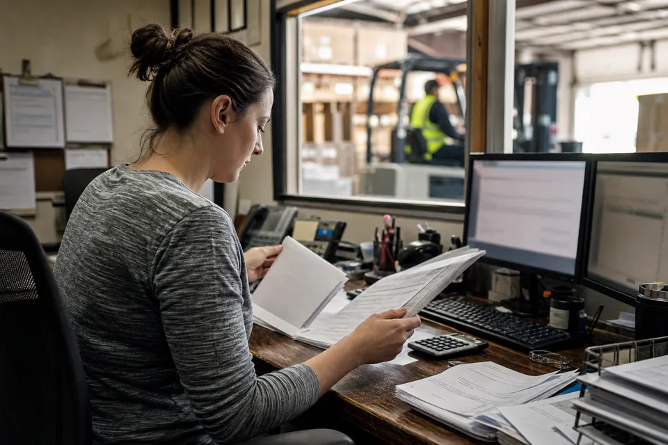 An accounts receivable analyst matching customer remittances to open invoices in a distribution warehouse office