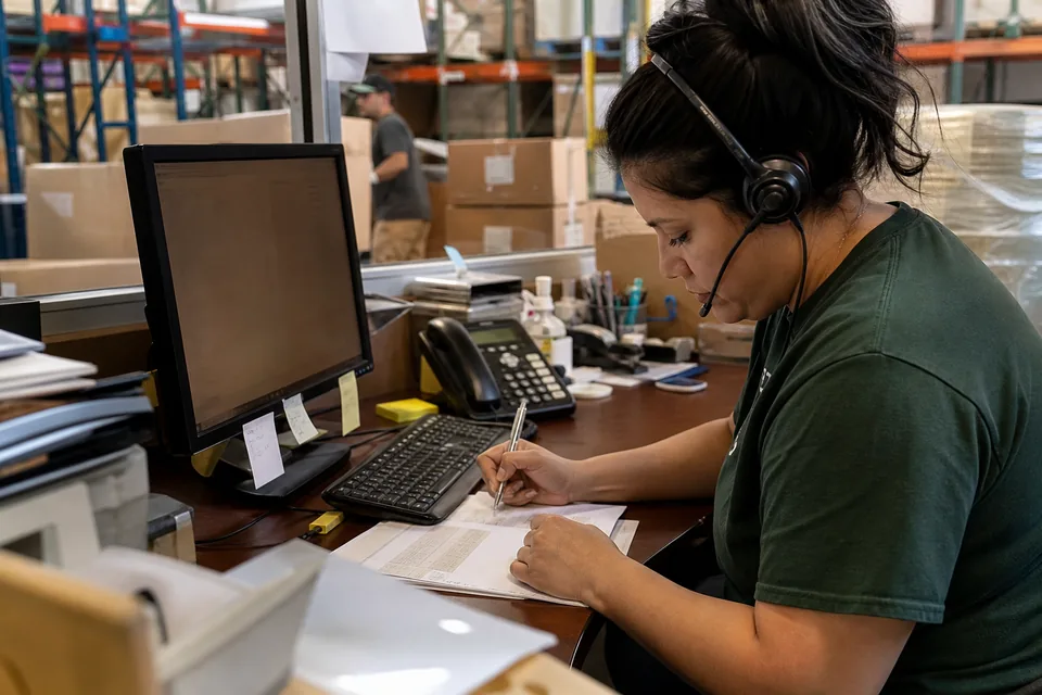 An accounts receivable specialist on a headset call making notes on a printed invoice