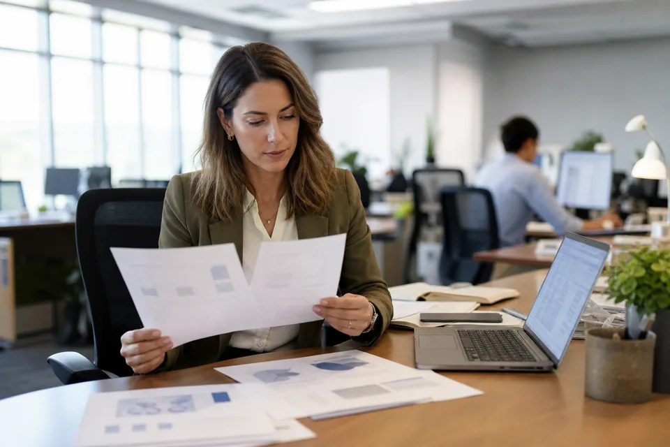A SaaS finance controller comparing two printed vendor proposals next to a laptop with an invoice spreadsheet