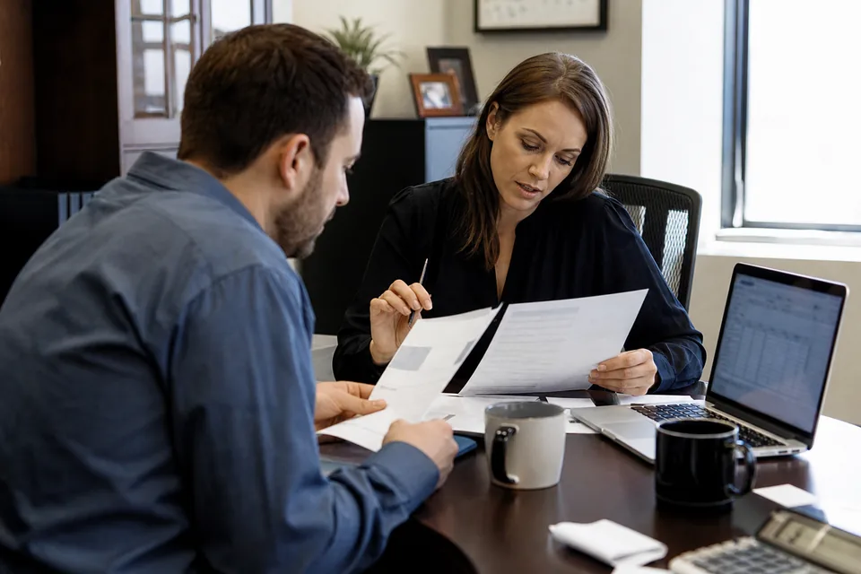 A controller and an AR manager comparing two printed software proposals at an office desk